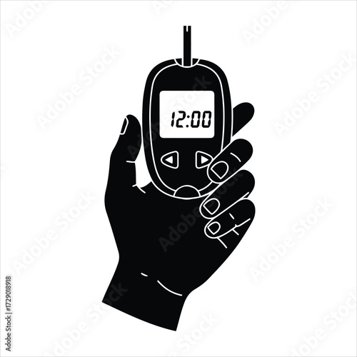 Hand holding glucose meter monitoring blood sugar levels digital display medical device health check