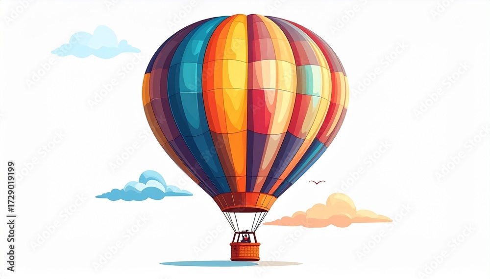 Fototapeta premium A vector drawing of a hot air balloon flying with clouds flat colorful style isolated on white background 