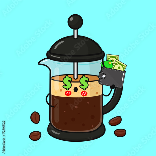 French press coffee machine holding wallet with money