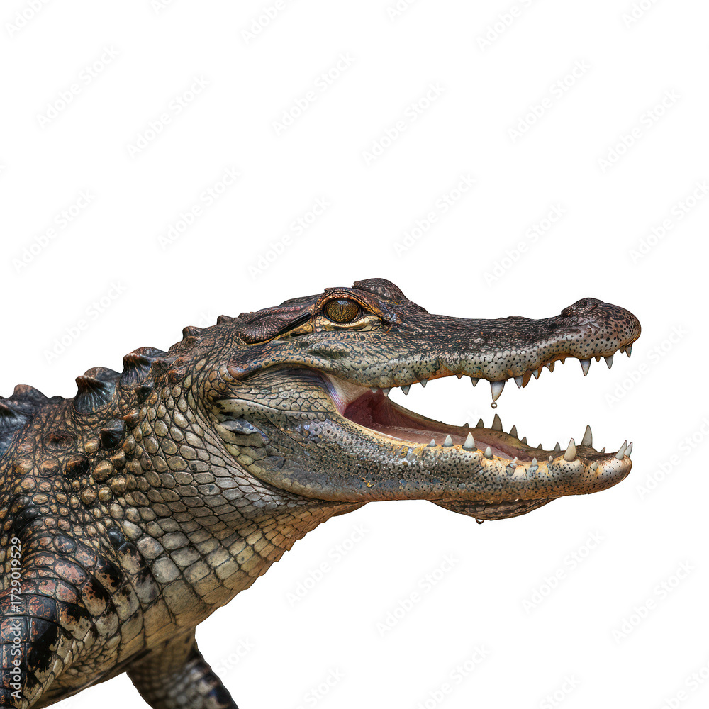 Fototapeta premium Close-up of an alligator's head and upper body, mouth agape