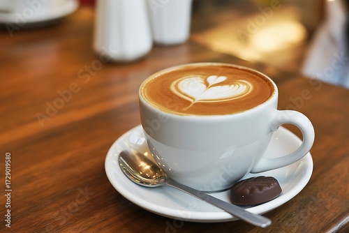 Close Up Coffee Cup with Heart Latte Art on Wooden Table, Cafe and Beverage Photography