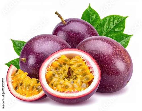 Ripe Passion Fruits with Cut Open Revealing Seeds