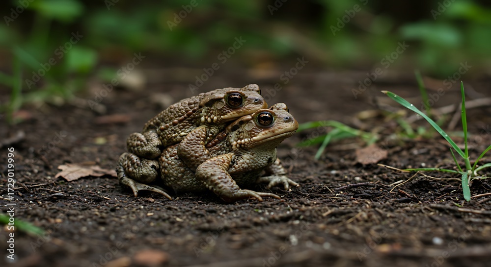 Fototapeta premium Two frogs mating on forest ground with greenery wildlife background