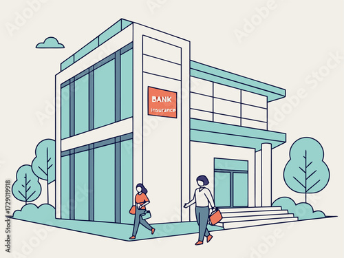 Illustration of a bank insurance building with two people walking outside and trees in the background vector illustration