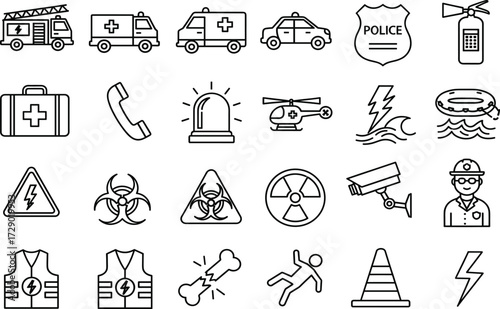 Emergency, safety, rescue, medical, ambulance, fire truck, police, paramedic, icons, vector, silhouette, alert, equipment, hospital, hazard, biohazard, radiation, lightning, siren, surveillance
