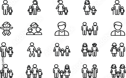 Family icons, black and white vector, diverse relationship symbols, parenting silhouettes, outline pack, scalable set, UI elements, social design assets