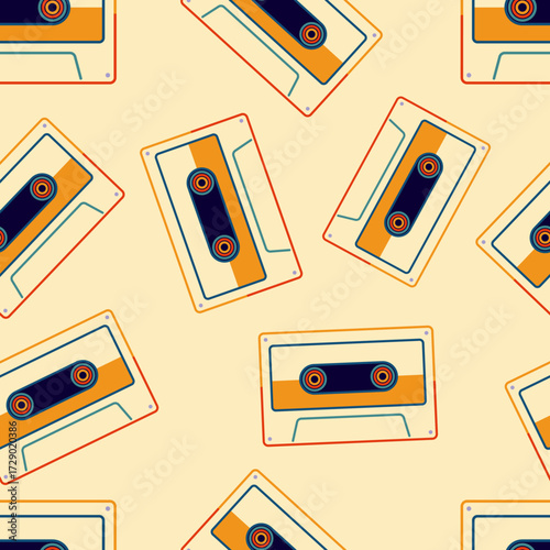 Seamless pattern of retro audio cassette tapes scattered on a light yellow background, evoking a nostalgic 80s and 90s music vibe.