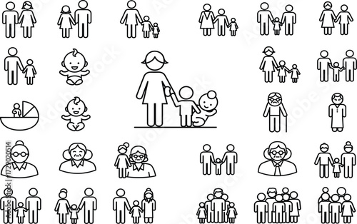 Family icons, black and white vector, parenting silhouettes, diverse relationship symbols, outline pack, scalable set, UI elements, social design assets