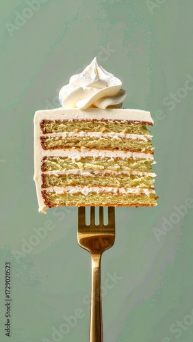 Layered bento cake featuring vibrant mango and passion fruit filling, topped with creamy pistachio frosting, elegantly presented on a golden fork against a soft green backdrop 