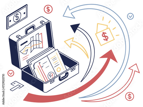 Open briefcase with financial documents and upward arrows indicating growth and money circulation vector illustration