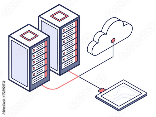 Isometric illustration showing two servers connected to a cloud and a tablet device via network lines vector illustration