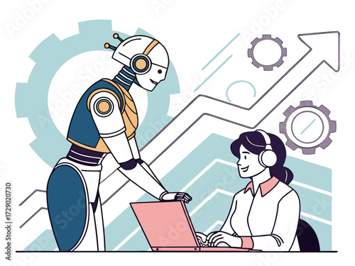 Robot assisting a woman with a laptop in front of a growth chart and gears illustration scene vector illustration