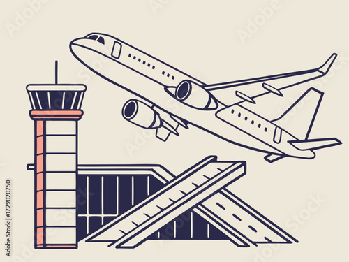 An airplane taking off near an airport control tower and a terminal building with an elevated walkway vector illustration