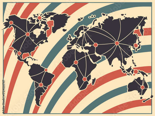 Retro world map with connection lines and red dots on a striped background in vintage colors scheme vector illustration