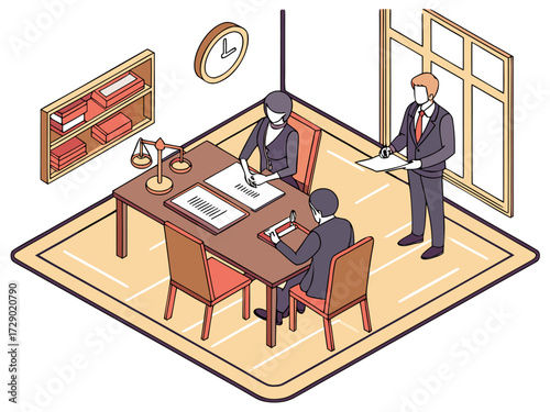 Isometric view of a legal office scene with lawyers meeting at a table and discussing documents vector illustration