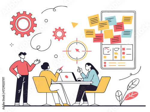 Team collaboration brainstorm session with gears and sticky notes on a digital whiteboard display vector illustration