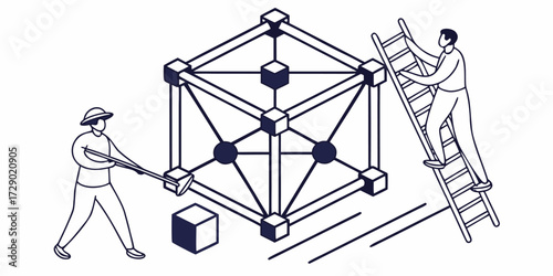 Isometric illustration of two workers interacting with a complex geometric structure with ladders vector illustration
