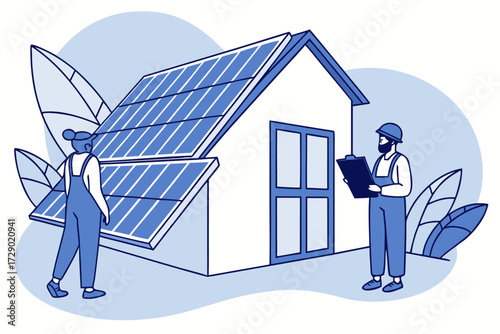 Illustration of two workers installing solar panels on a house with a clipboard and leaves around it vector illustration