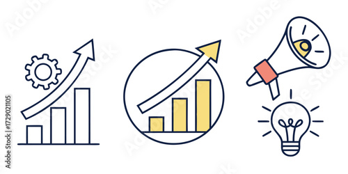 Illustration showing business growth with bar charts, gear, megaphone, and light bulb icons vector illustration