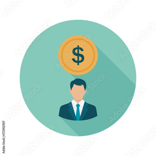 "Flat vector illustration of user profile avatar silhouette icon representing person identity account login and contact in blue circle background with long shadow style"
