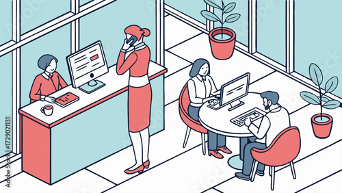 Isometric view of office space with employees working at desks and reception area with plants vector illustration