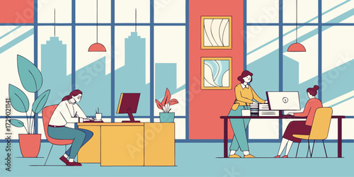 Illustration of three women working at their desks in a modern office with city views and art work vector illustration