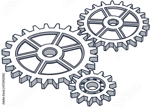Three interlocking gears in a white and gray illustration showing mechanical movement and connectivity design vector illustration