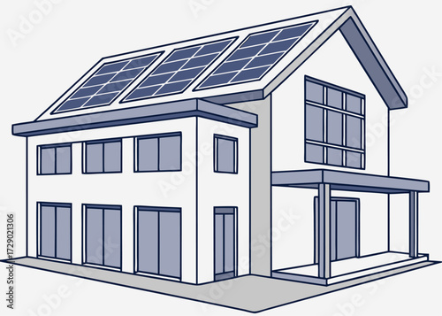 Illustration of a two story house with solar panels on the roof and a porch on the side view style vector illustration
