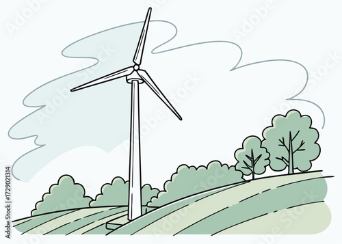 Illustration of a wind turbine in a field with trees and clouds in the background landscape view vector illustration