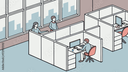 Isometric office scene with employees in cubicles and large windows showing city buildings view 100 vector illustration