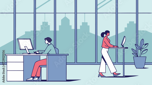 Two people working in an office with large windows and city skyline view in the background at daytime vector illustration