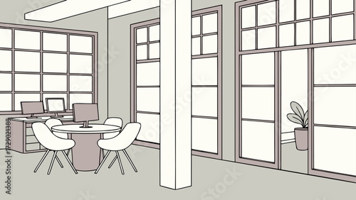 Illustration of a modern office space with a round table, chairs, computers and large windows filling room vector illustration