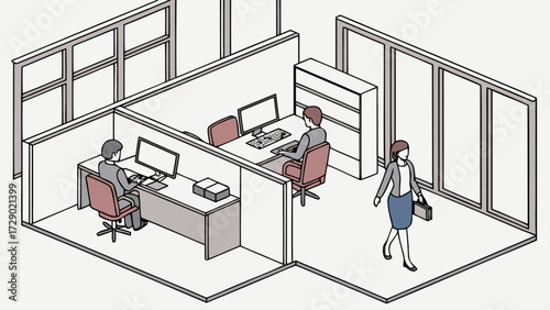 Isometric view of office cubicles with people working and walking in a modern workspace area design vector illustration