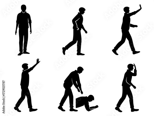 Minimal Stick Figure Grid
“A 3x3 grid of black stick figure icons on a white background, each in a different pose such as standing, waving, walking, balancing, or stretching. Simple, flat, schematic s