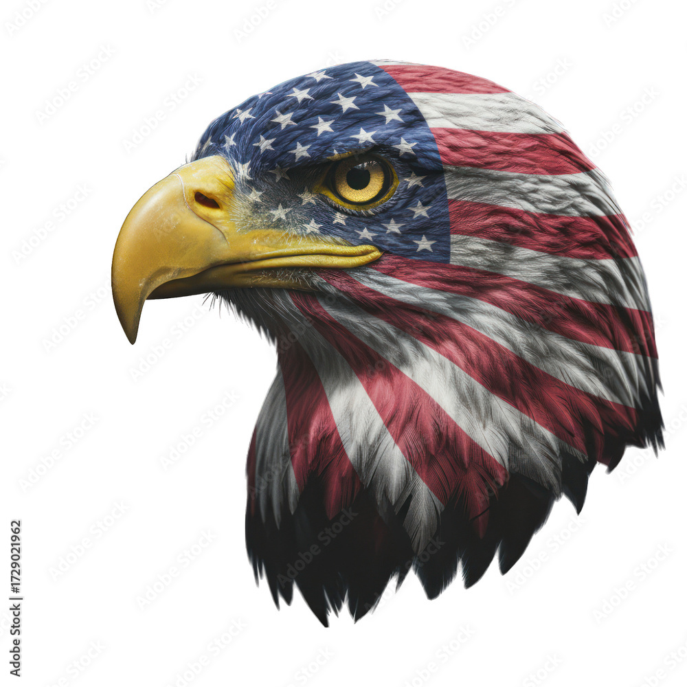 Fototapeta premium Close-up profile of an eagle's head. The head is covered in an American flag design. Sharp focus on beak and eye. Dark background