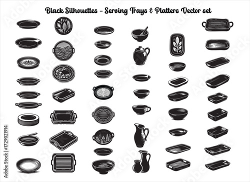 Black Serving Trays and Platters Silhouettes Vector | Elegant Kitchenware Design on White Background