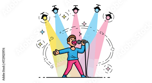 Cartoon Singer on Stage with Spotlights Illustration: Music, Performance, Talent, and Entertainment Vector Design for Concerts and Events, with Microphone and Spotlight