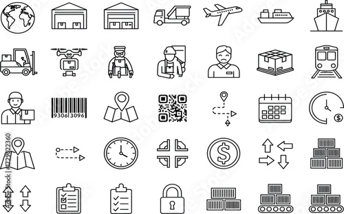 Logistics icons, transport symbols, supply chain vector set, delivery graphics, warehouse tools, black and white, minimal design, shipping elements, cargo illustrations, tracking concepts