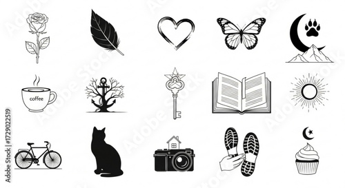 Collection of diverse black and white vector icons including nature, objects, and abstract symbols