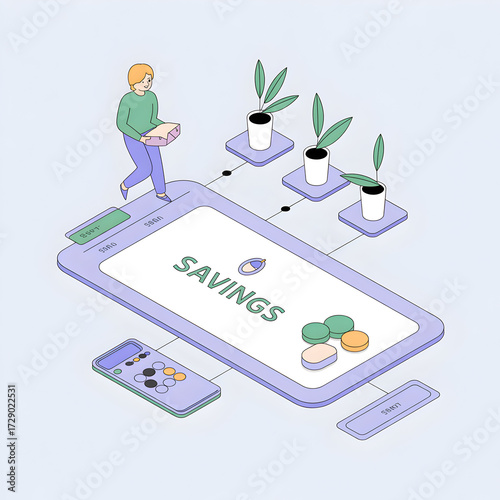 Isometric illustration of person interacting with savings tracker app on phone with plants and calculator