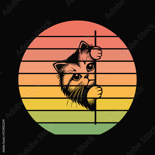 Cute Kitten Peeking Sunset Vintage Retro Kitten Lover