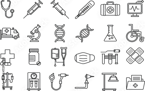 Medical, healthcare, emergency, hospital, icons, vector, silhouette, stethoscope, syringe, microscope, wheelchair, DNA, thermometer, IV drip, ambulance, medicine, defibrillator,