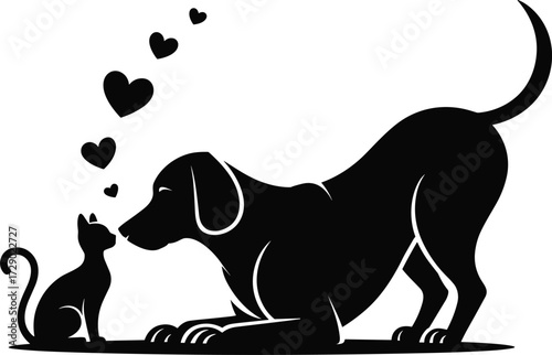 Best friends dog and cat, heart symbol, affectionate pet vector, loving animal silhouettes, cad drawing flat vector illustration