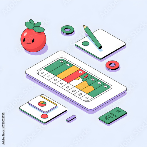 Isometric cartoon tomato character and productivity tracker with charts and pencil cute