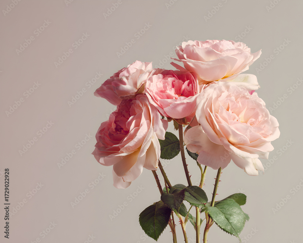 Obraz premium A closeup view of a bouquet of soft pink roses with lush green leaves, showcasing their intricate petals and natural beauty