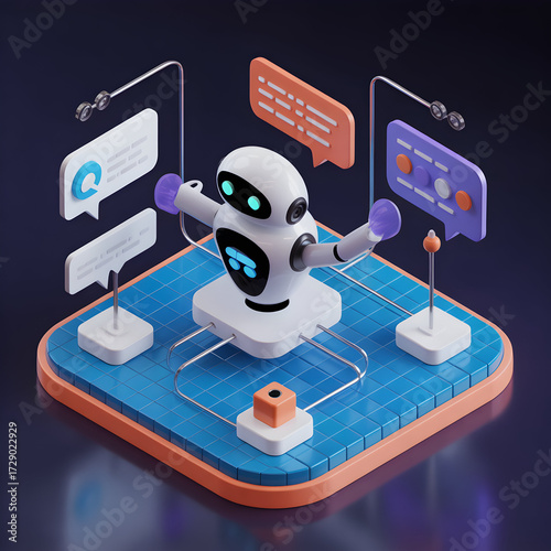 Isometric white robot interacting with chat bubbles and digital interface elements chatbot