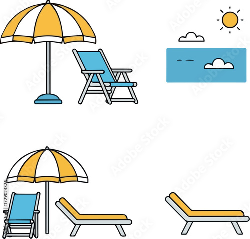 Create need Set of beach umbrella and chair icons isolated on white background, sunbed and umbrella, sea, icon for vacationers, vector,