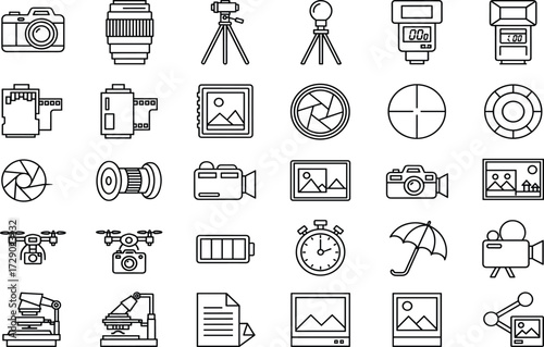 Photography icons, video tools, camera gear, editing symbols, drone, tripod, microscope, monitor, battery, share, aperture, vector pack