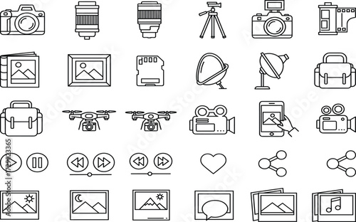 Photography icons, media symbols, camera equipment, photo tools, drone, tripod, lens, studio light, image editing, digital content, vector set