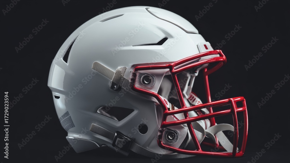 Naklejka premium Close-up of white american football helmet with red face mask on black background, sports equipment, athletic safety gear, team branding concept